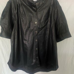 DKNY Black Leather-Style Top NWT Size XXL Short Sleeve Black & Gold Buttons